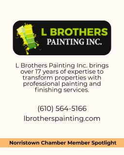 With over 17 years of experience, L Brothers Painting Inc. is a trusted, licensed, and insured painting company based in Norristown, PA. 

They bring passion and precision to every project, transforming homes and businesses with interior and exterior painting, drywall ceilings, new construction finishing, wallpaper removal, and more. Serving Norristown and surrounding areas, they create vibrant, fresh spaces tailored to clients’ visions—with professionalism and outstanding results every time.

#NorristownChamber #MemberSpotlight #PaintingPros #LBrothersPainting #TransformYourSpace #NorristownPA #SupportLocal