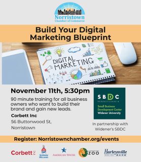 Join us for an engaging and practical session where we’ll break down the essential building blocks of successful digital marketing. From understanding your audience and crafting impactful content to leveraging social media, email marketing, and your website — you’ll gain a comprehensive overview of what it takes to stand out online.

Whether you’re a small business owner, entrepreneur, or marketing professional looking to sharpen your skills, this workshop will equip you with actionable tools, proven strategies, and real-world insights to elevate your online presence.

This interactive session, led by Zachary Piotti, Digital Marketing Consultant at Widener University’s Small Business Development Center (SBDC), will cover:

Identifying your target audience

Creating valuable, personalized content

Exploring key digital marketing platforms

Using AI tools like ChatGPT for marketing

Understanding SEO, AIO, and paid vs. organic strategies

In partnership with Widener University’s SBDC

👉 Register now: NorristownChamber.org/events 

Build Your Digital Marketing Blueprint
Tuesday, November 11 | 5:30 PM
Corbett Inc | 56 Buttonwood St, Norristown