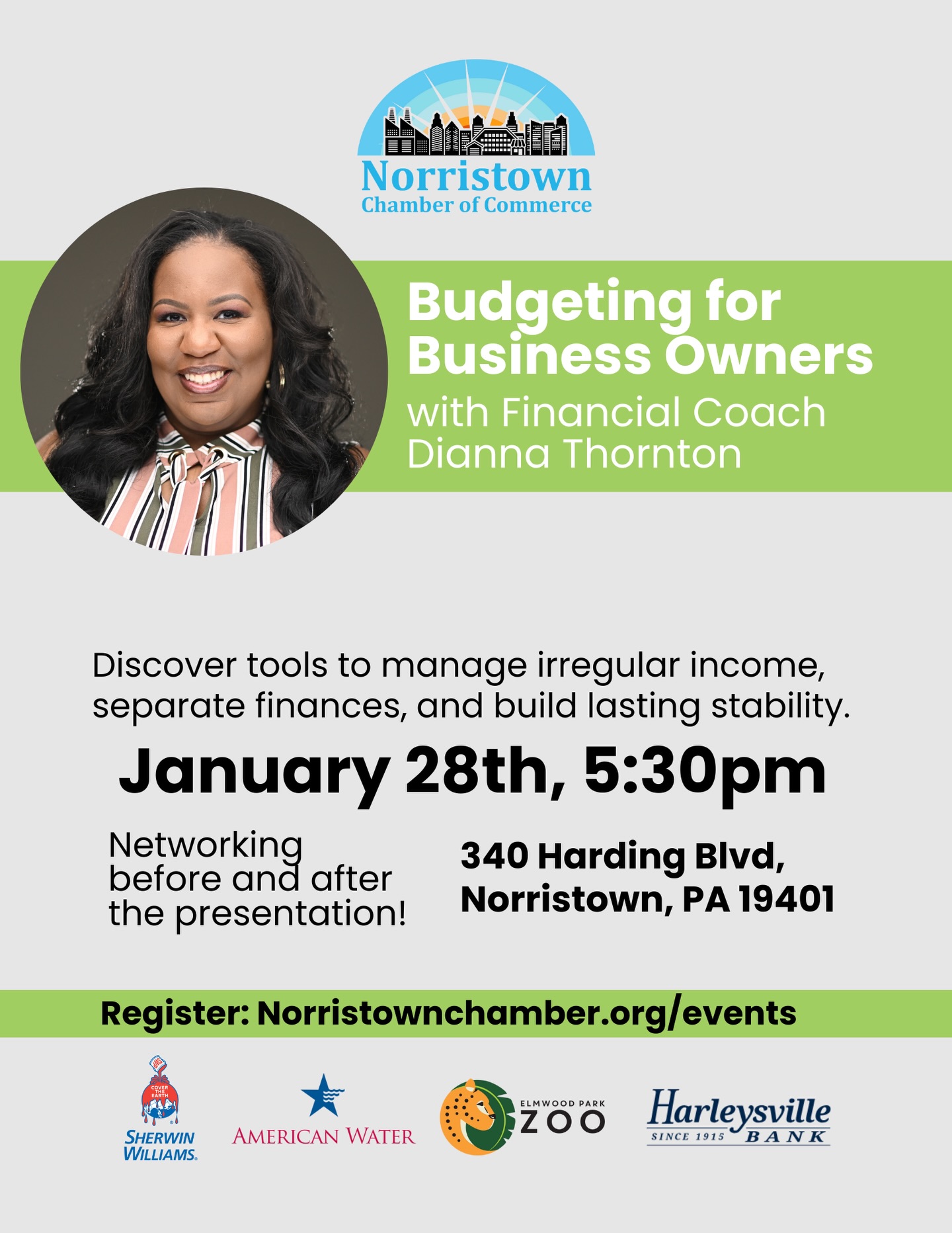 You’re invited to Budgeting For Business Owners, an evening designed to help business owners feel more grounded, informed, and supported when it comes to their finances.

On Wednesday, January 28 at 5:30 PM, the Norristown Chamber of Commerce will host Budgeting for Business Owners with Financial Coach Dianna Thornton. This session is built for entrepreneurs who want practical guidance and the chance to learn alongside other local business owners.

Why attend?

Because strong financial habits don’t just support your business today, they support your ability to plan, grow, and make decisions with confidence.

During the evening, participants can expect:
Clear, accessible budgeting guidance tailored to business owners
Insight into building financial stability over time
Meaningful networking with peers before and after the session

Event Information
Date: Wednesday, January 28
Time: 5:30 PM
Location: Norristown Rec Center, 340 Harding Blvd, Norristown, PA 19401

Whether you’re early in your business journey or looking to strengthen your financial foundation, this event offers valuable takeaways and community connection.