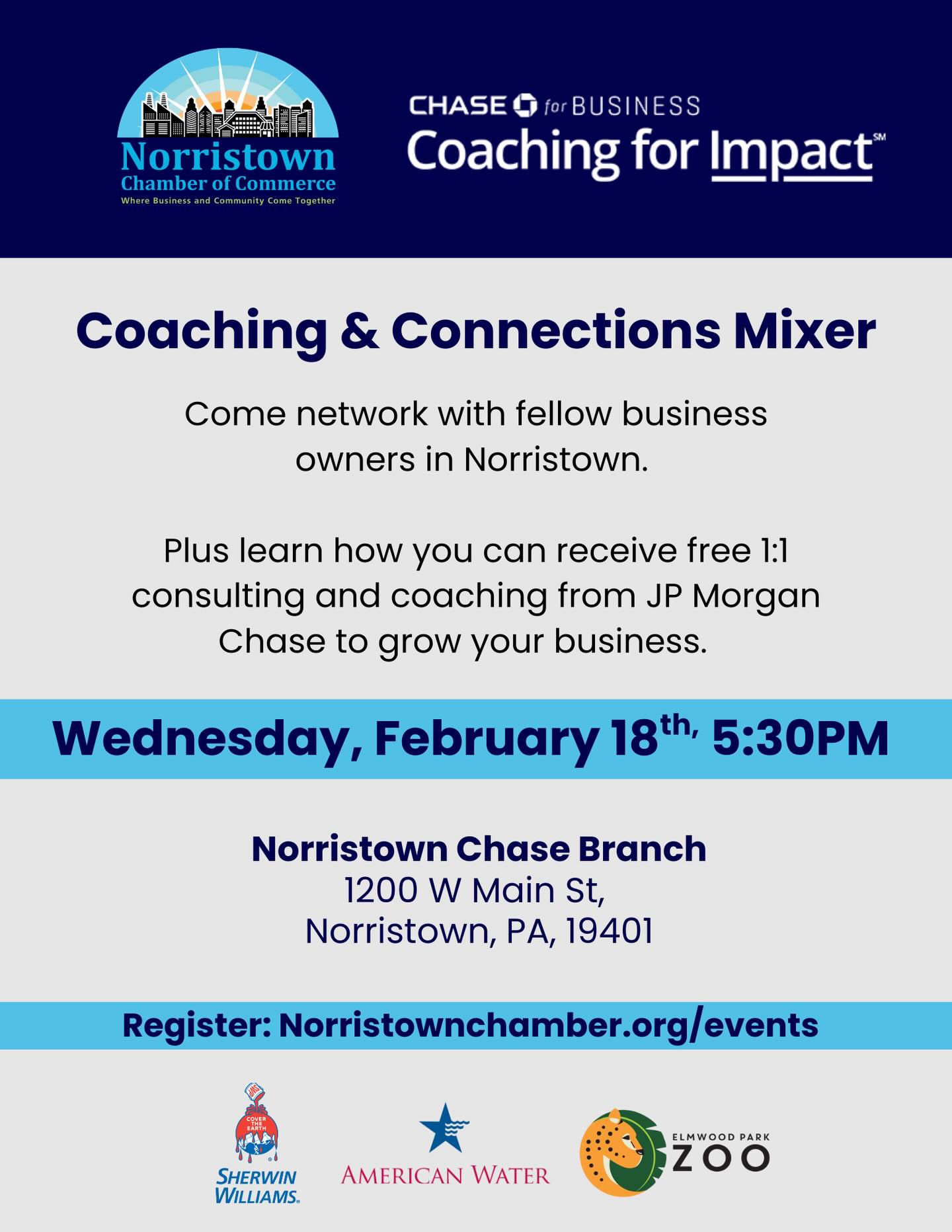 Tonight’s the night! Our Coaching and Connections Mixer is happening this evening at the Chase Bank branch in Norristown.

This is a fantastic opportunity to connect with fellow business owners, learn about new resources available to you, and strengthen your network. All while getting insights that can help your business thrive.

Whether you’re looking to expand, access new tools, or simply meet other entrepreneurs in our community, we’d love to see you there.

See you tonight!