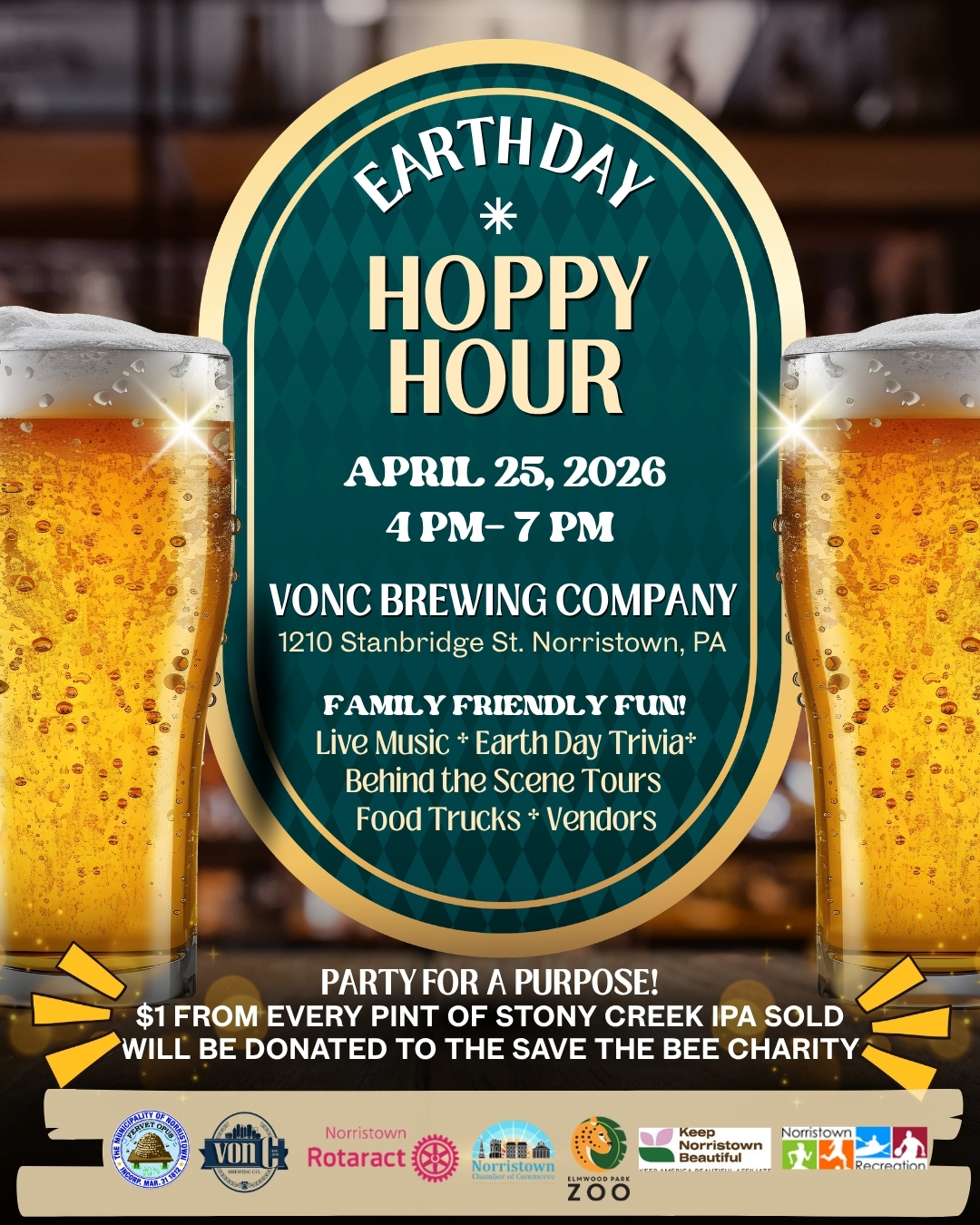 Make your way to VONC Brewing Company (1210 Stanbridge St.) from 4–7 PM for the Earth Day Hoppy Hour. 

Live music, Earth Day trivia, behind-the-scenes brewery tours, food trucks, and vendors — all in one place. 

It's a party for a purpose, too: $1 from every pint of Stony Creek IPA sold goes directly to the Save the Bee Charity. No registration needed — just show up.

We hope to see you today.